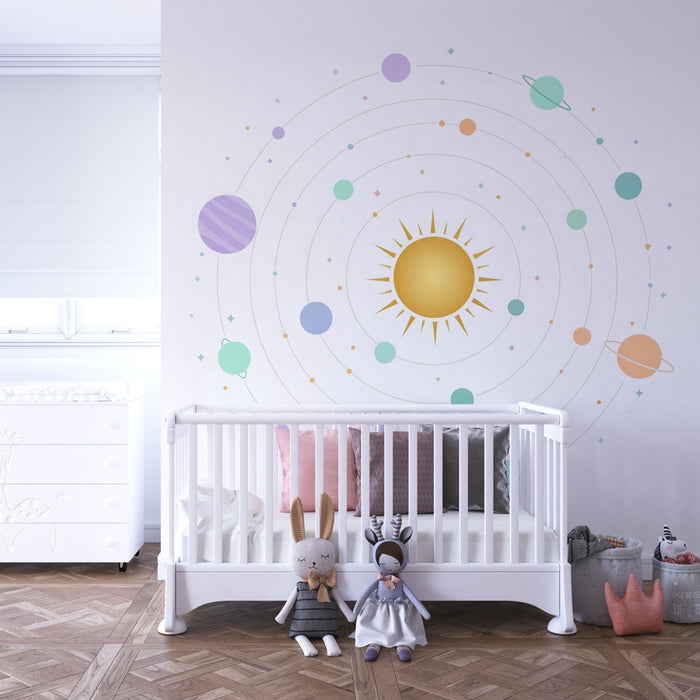 Kinderkamer behang | Sterrenhemel met kleurrijke planeten