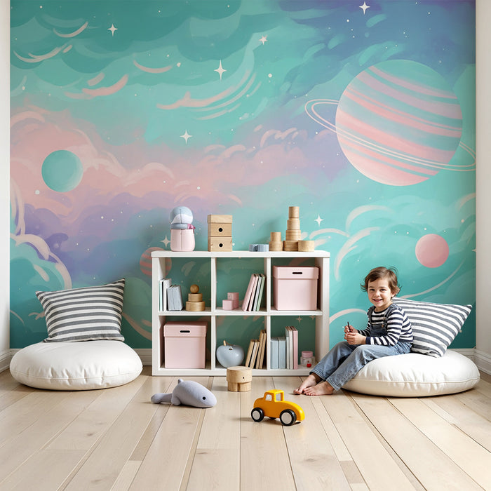 Papier peint chambre enfant | Univers étoilé avec planètes colorées et nuages doux