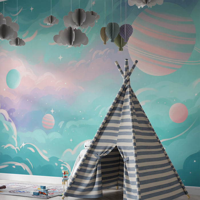 Papier peint chambre enfant | Univers étoilé avec planètes colorées et nuages doux