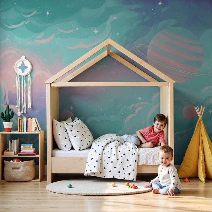 Papier peint chambre enfant | Univers étoilé avec planètes colorées et nuages doux