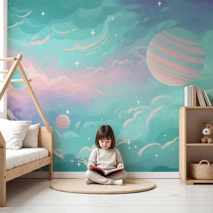 Detská izba tapeta | Hviezdne vesmírne s planétami v rôznych farbách a jemnými oblakmi