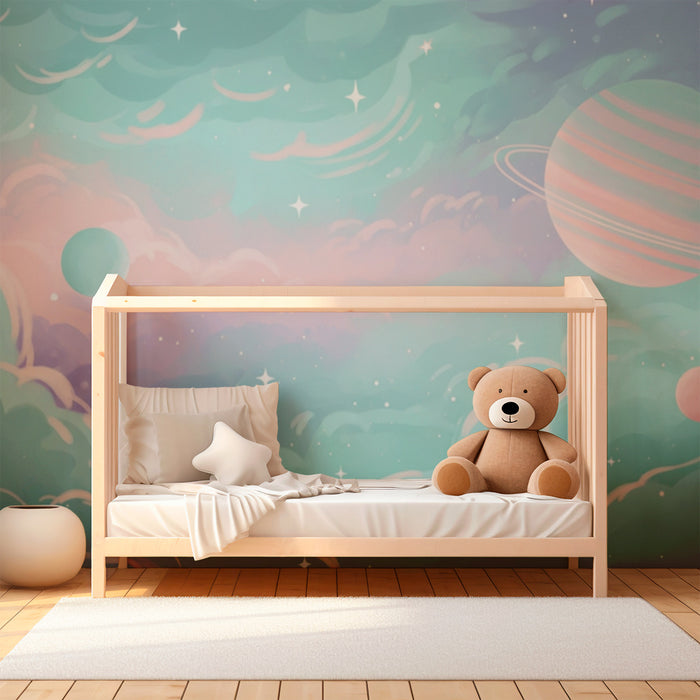 Detská izba tapeta | Hviezdne vesmírne s planétami v rôznych farbách a jemnými oblakmi