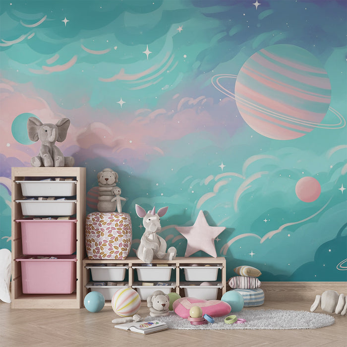 Detská izba tapeta | Hviezdne vesmírne s planétami v rôznych farbách a jemnými oblakmi