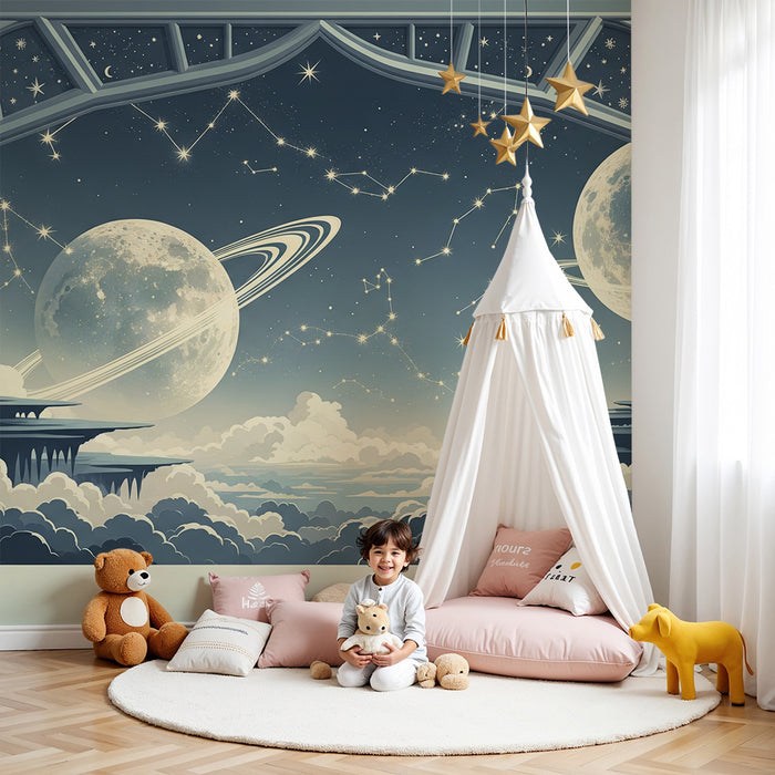 Papier peint chambre enfant | Univers étoilé avec planètes et constellations