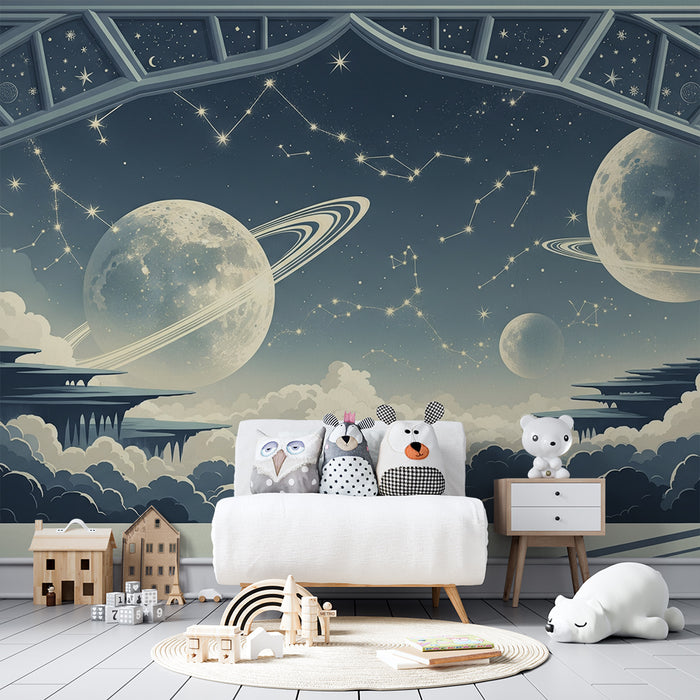 Papier peint chambre enfant | Univers étoilé avec planètes et constellations