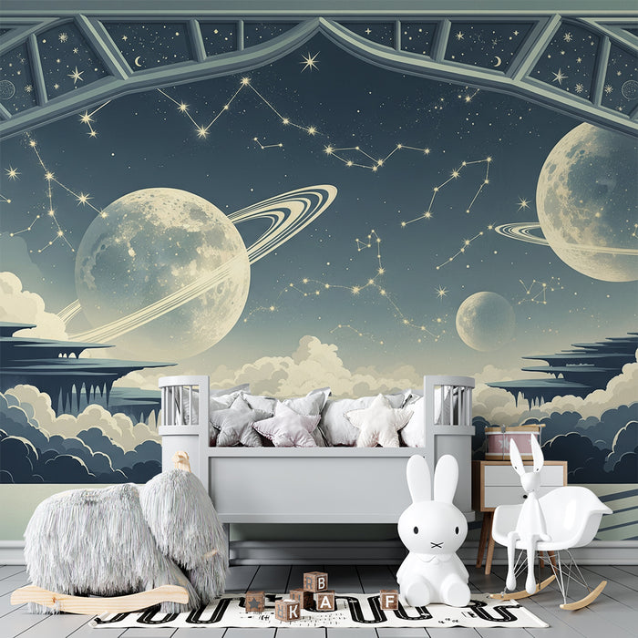 Papier peint chambre enfant | Univers étoilé avec planètes et constellations