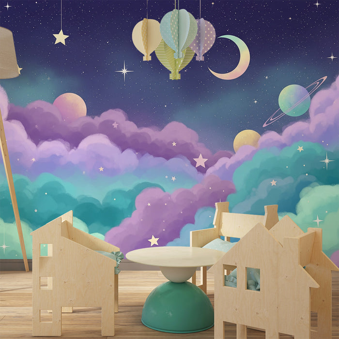 Barntapet | Stjärnigt universum med planeter och färgglada moln