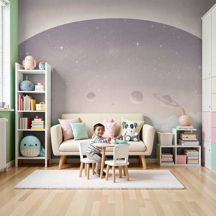 Papier peint chambre enfant | Univers étoilé avec planètes et nuages doux