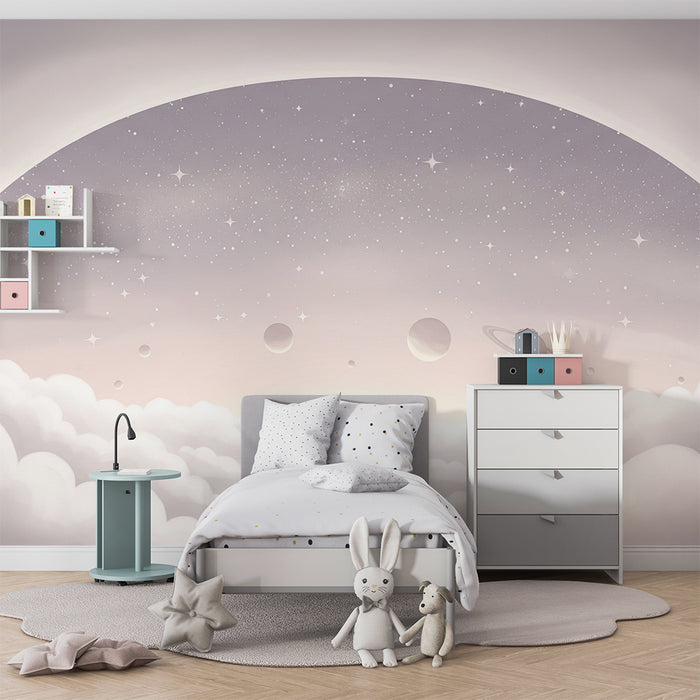 Papier peint chambre enfant | Univers étoilé avec planètes et nuages doux