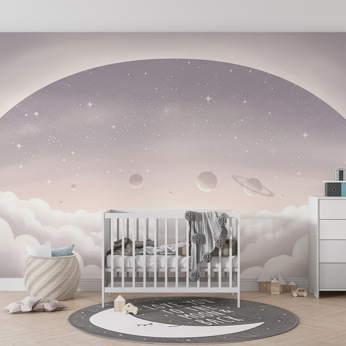 Papier peint chambre enfant | Univers étoilé avec planètes et nuages doux