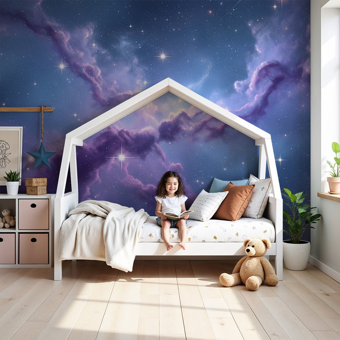 Papel pintado infantil | Universo estrellado y nebulosas de colores