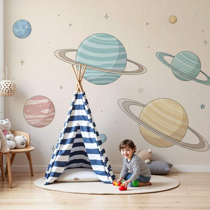 Kinderzimmer Tapete | Sternenhimmel und bunte Planeten
