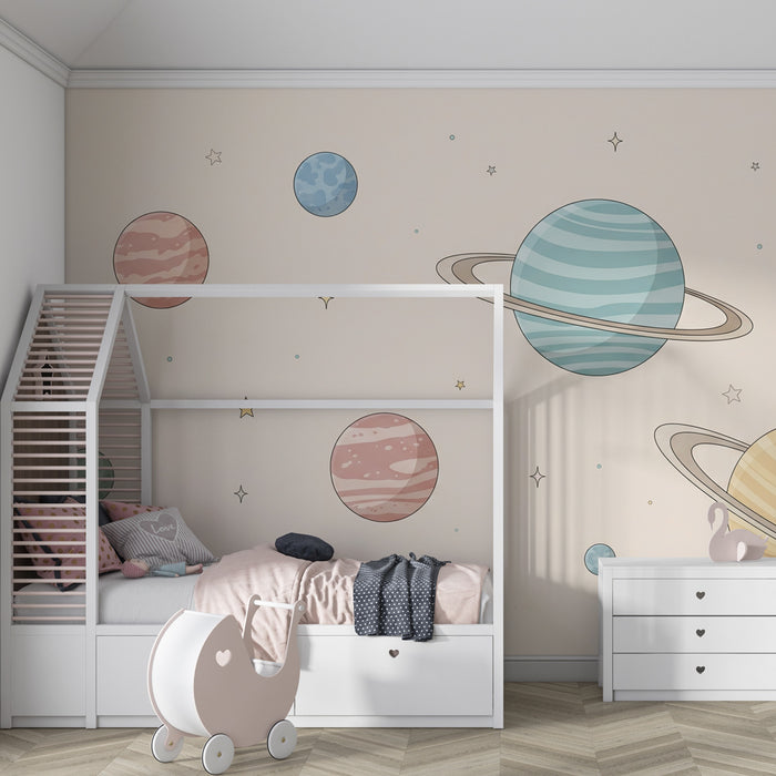 Kinderzimmer Tapete | Sternenhimmel und bunte Planeten