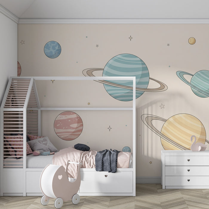 Kinderzimmer Tapete | Sternenhimmel und bunte Planeten