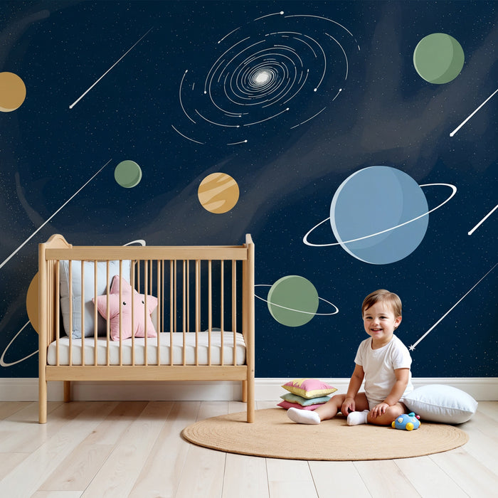 Papel pintado infantil | Universo estrellado y planetas coloridos con la Vía Láctea