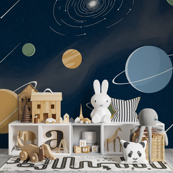 Papel pintado infantil | Universo estrellado y planetas coloridos con la Vía Láctea
