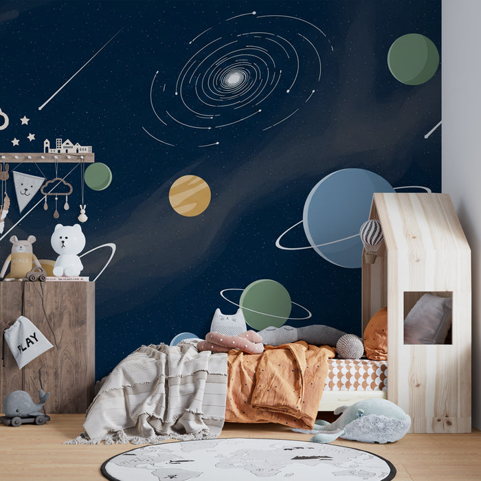 Papel pintado infantil | Universo estrellado y planetas coloridos con la Vía Láctea