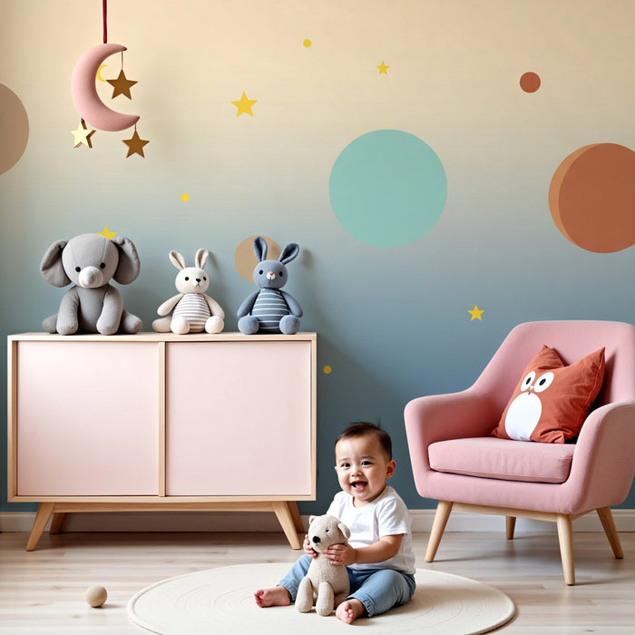 Kinderzimmer Tapete | Sternenuniversum und bunte Planeten auf farbigem Verlaufshintergrund