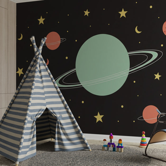 Papel pintado infantil | Universo estrellado y planetas coloridos sobre fondo negro