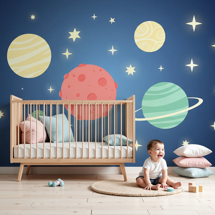 Papel pintado infantil | Universo estrellado y planetas coloridos sobre fondo azul