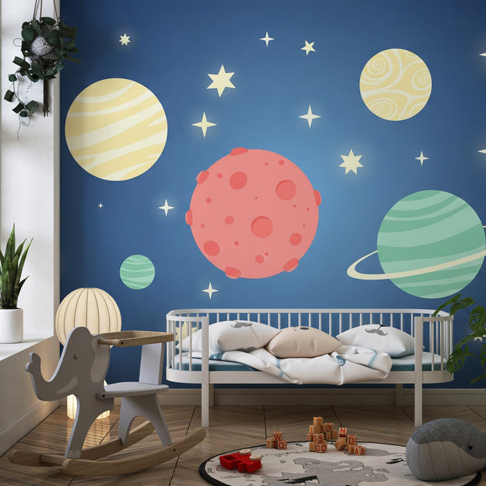 Papel pintado infantil | Universo estrellado y planetas coloridos sobre fondo azul