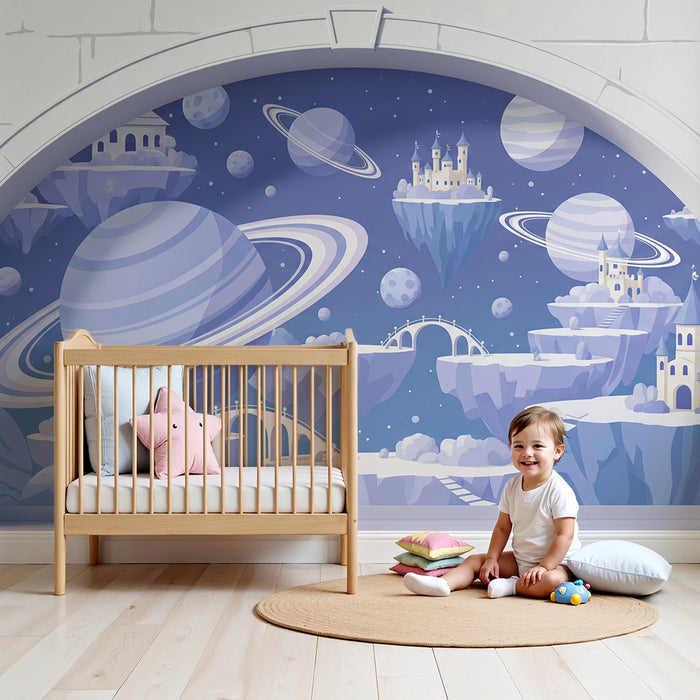 Kinderzimmer Tapete | Fantasievolle Welt mit Planeten und schwebenden Burgen