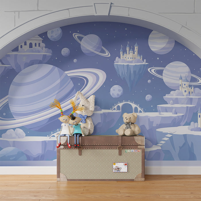 Kinderzimmer Tapete | Fantasievolle Welt mit Planeten und schwebenden Burgen