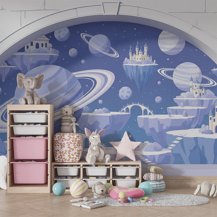 Kinderzimmer Tapete | Fantasievolle Welt mit Planeten und schwebenden Burgen