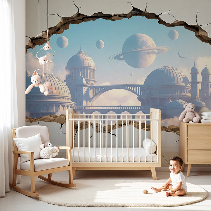 Papier peint chambre enfant | Univers fantastique avec planètes et monuments majestueux