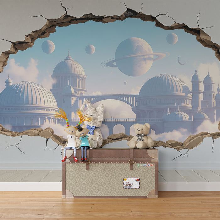 Papier peint chambre enfant | Univers fantastique avec planètes et monuments majestueux