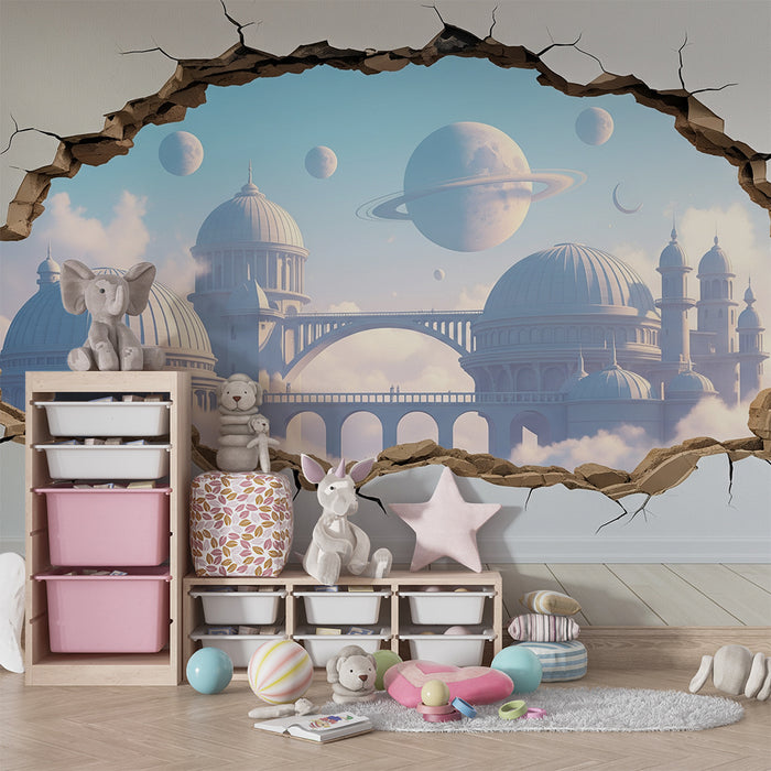 Papier peint chambre enfant | Univers fantastique avec planètes et monuments majestueux