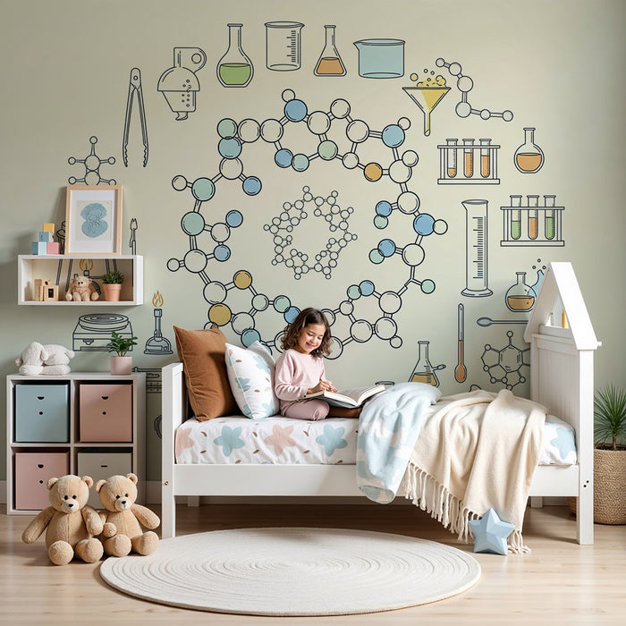 Papier peint chambre enfant | Univers fascinant de la chimie avec molécules et équipements scientifiques