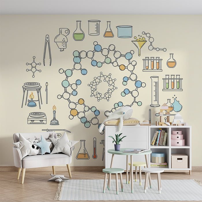 Papier peint chambre enfant | Univers fascinant de la chimie avec molécules et équipements scientifiques