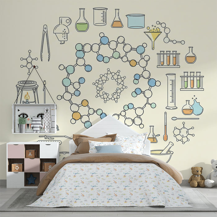 Papier peint chambre enfant | Univers fascinant de la chimie avec molécules et équipements scientifiques