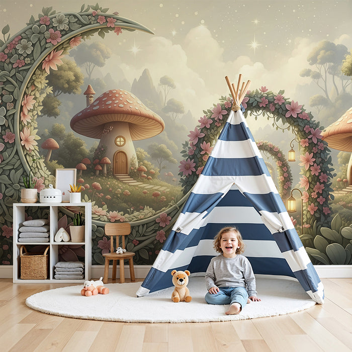 Papier peint chambre enfant | Univers féerique avec champignons et fleurs colorées