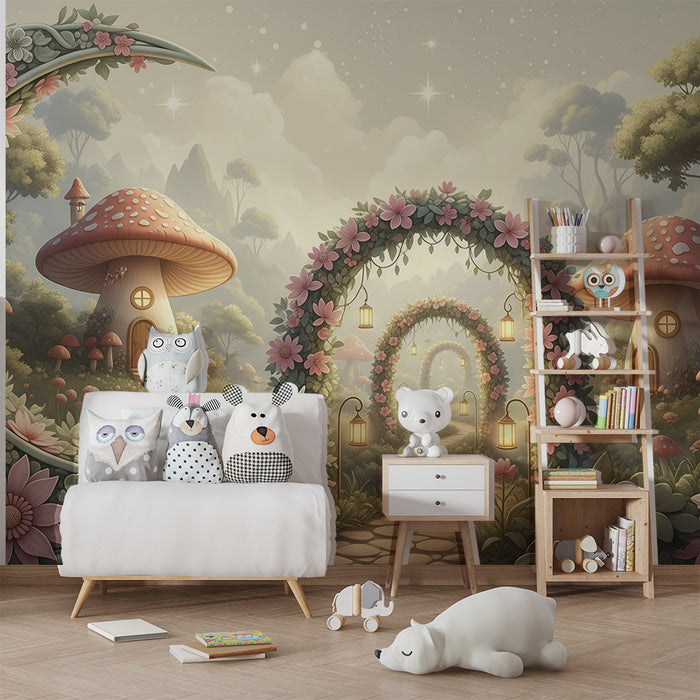 Papier peint chambre enfant | Univers féerique avec champignons et fleurs colorées