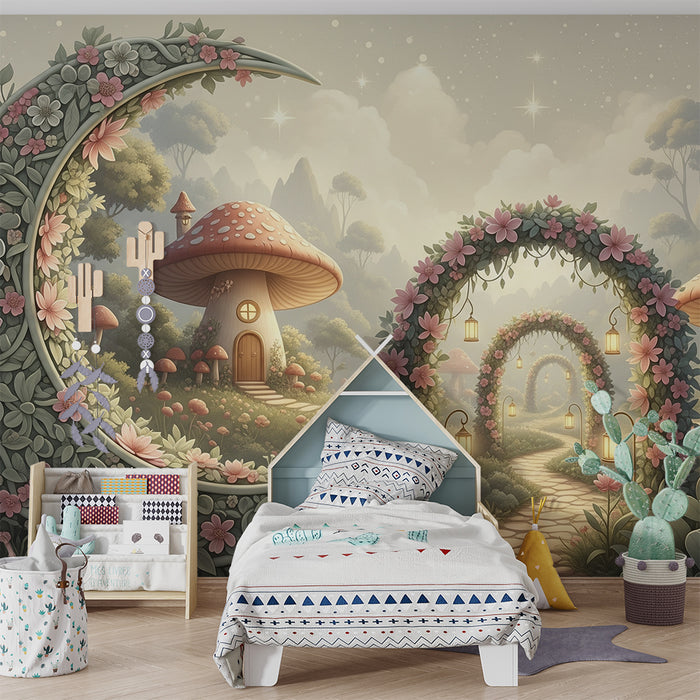 Papier peint chambre enfant | Univers féerique avec champignons et fleurs colorées