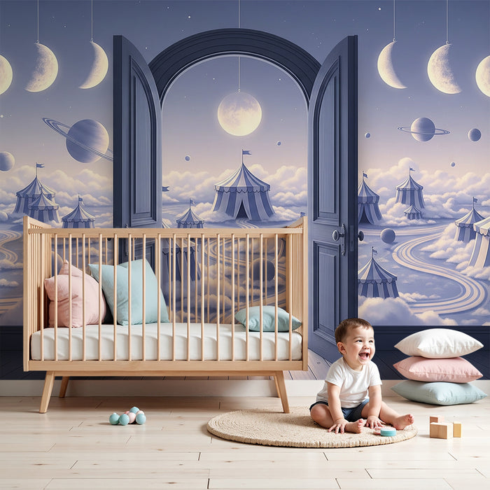 Papier peint chambre enfant | Univers féerique avec cirque et planètes dans les nuages