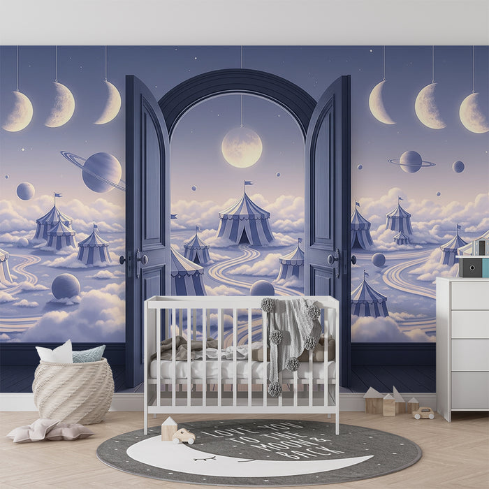 Papier peint chambre enfant | Univers féerique avec cirque et planètes dans les nuages