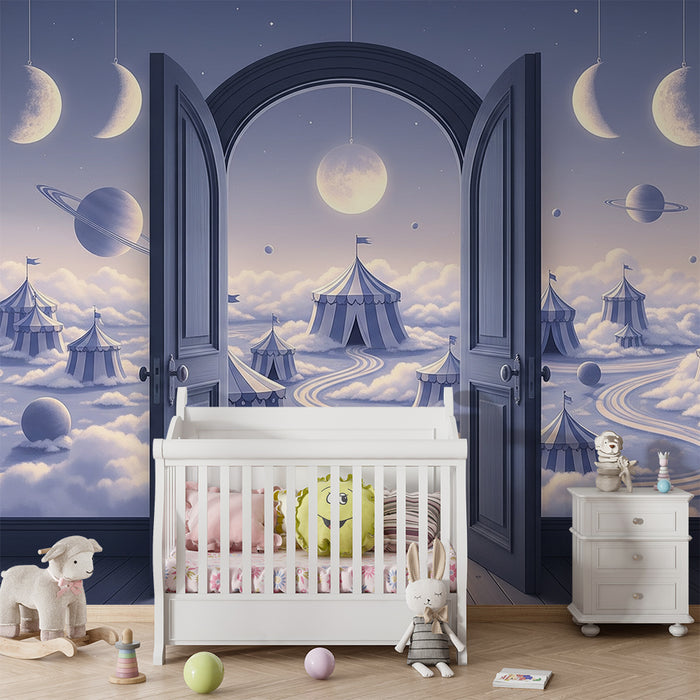 Papier peint chambre enfant | Univers féerique avec cirque et planètes dans les nuages