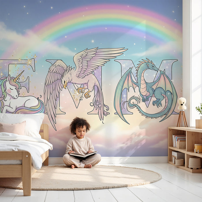 Kinderzimmer Tapete | Märchenhafte Welt mit Einhorn, Drache und Phönix