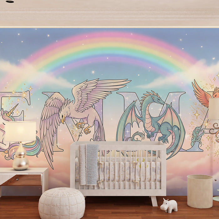 Kinderzimmer Tapete | Märchenhafte Welt mit Einhorn, Drache und Phönix