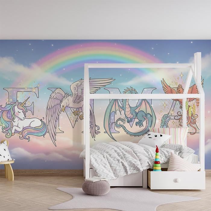 Kinderzimmer Tapete | Märchenhafte Welt mit Einhorn, Drache und Phönix