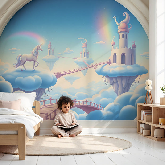 Children's bedroom wallpaper | Magical unicorn and castle world in the clouds