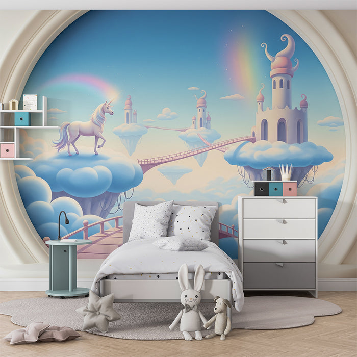 Children's bedroom wallpaper | Magical unicorn and castle world in the clouds