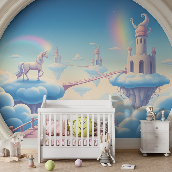 Children's bedroom wallpaper | Magical unicorn and castle world in the clouds