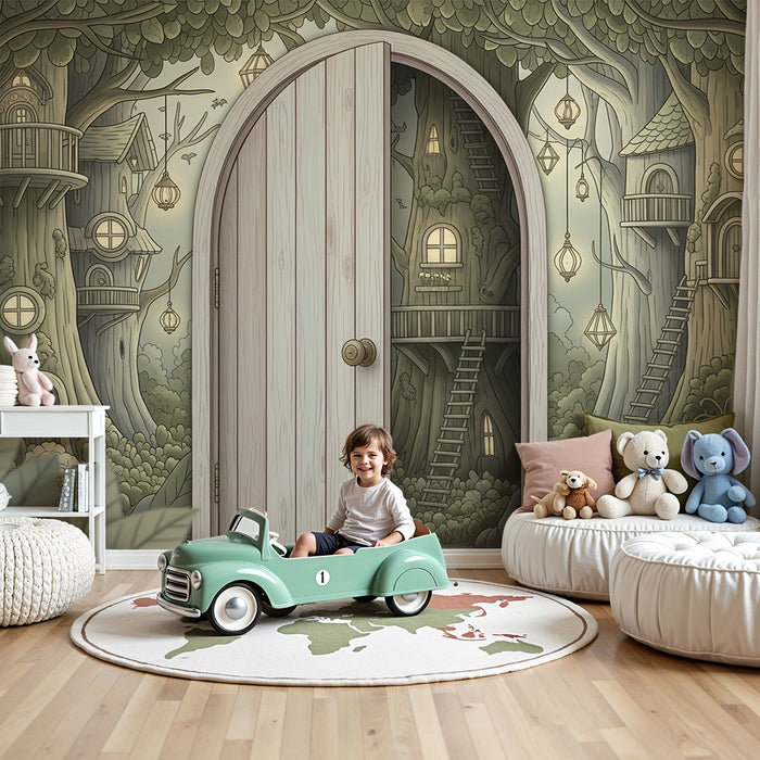 Children's bedroom wallpaper | Enchanted world with treehouses and soft light