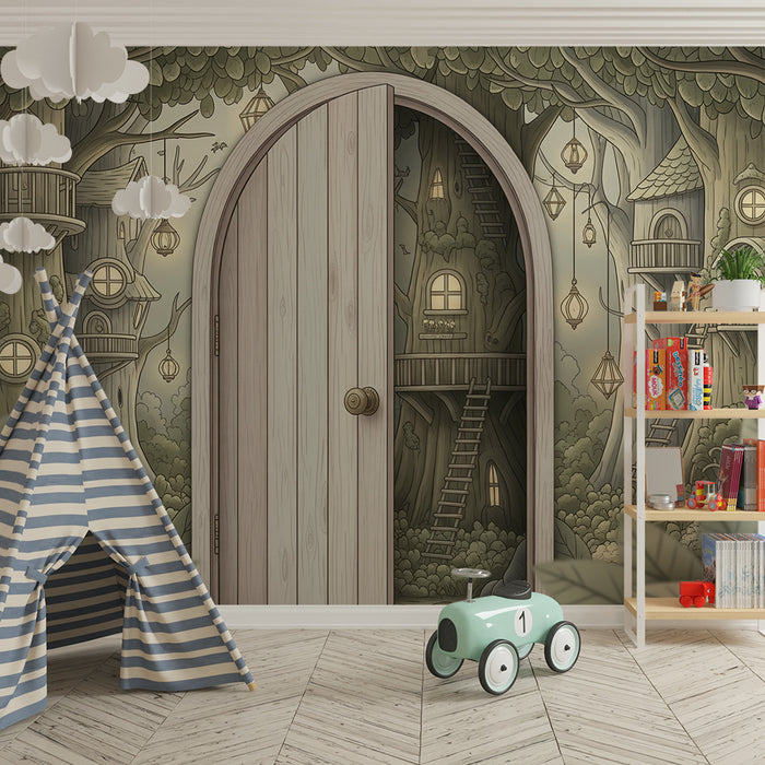 Children's bedroom wallpaper | Enchanted world with treehouses and soft light