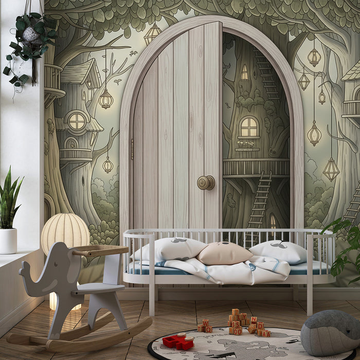 Children's bedroom wallpaper | Enchanted world with treehouses and soft light