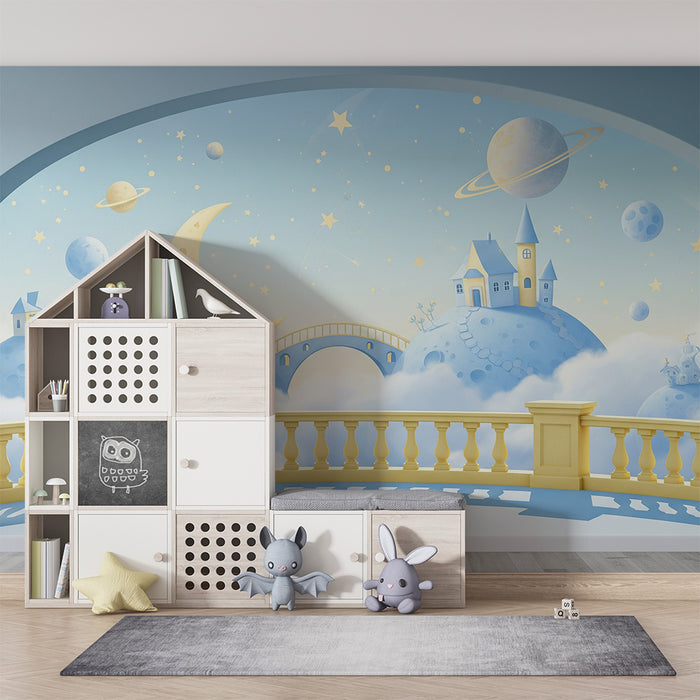 Børnetapet | Magisk univers med huse og planeter